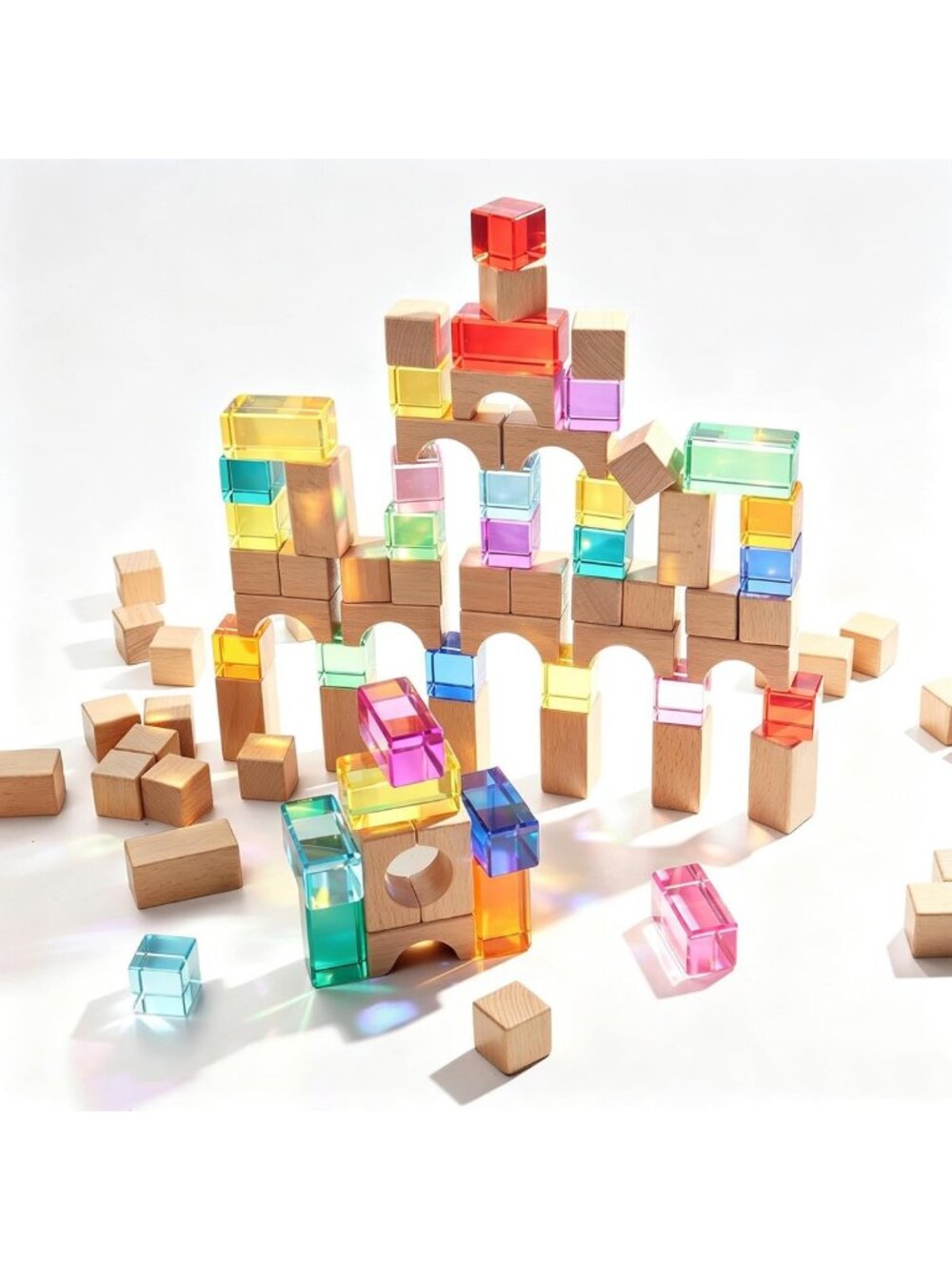 100Pcs Wooden & Acrylic Building Blocks Set - Montessori Stacking Toy for